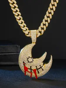 1Pcs Fashion Hip Hop Moon Pendant Necklace Cuban Links Necklace for Men and Women Iced Out Cool Red Enamel Moon Pendant with Cuban Link Design Cuban Chain Link Jewelry Set Suitable for Daily Matching Punk Style Accessory Modern Fashion Accessories