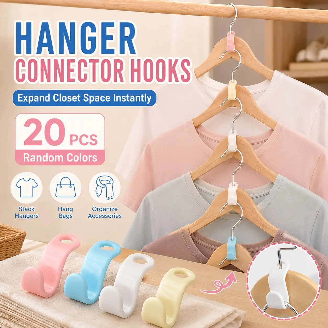 20-Piece Clothes Hanger Connecting Hooks, Stackable Multi-Layer Hanging, Closet Expansion Tool, No Drilling Installation, Durable Load Bearing