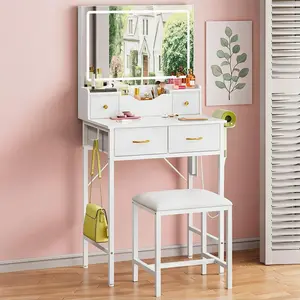 White Modern Glam Makeup Vanity Table with 60cm Large LED Mirror, 3 Color Adjustable Brightness USB Powered Lights, Built-in Power Outlet, 4 Fabric Drawers & Matching Stool, Multi Storage Dressing Desk for Bedroom, Perfect Holiday Birthday Gift for Women