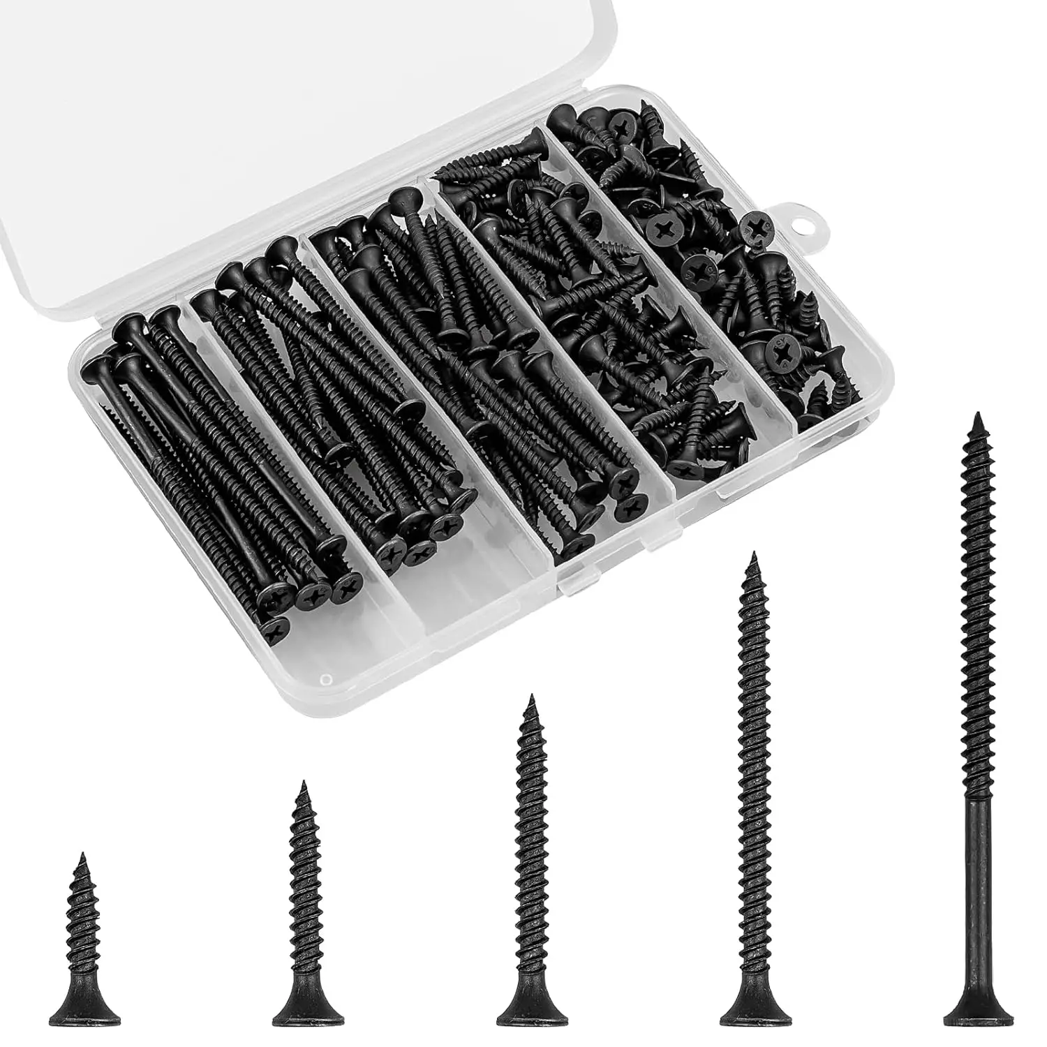 Screws  Kit, 168 count #6 Black Flat  Phillips Self-Tapping Screws, High Hardness Carbon Steel, 5 Sizes (1/2", 1", 1-1/4", 2", 3") for , Drywall, Slate