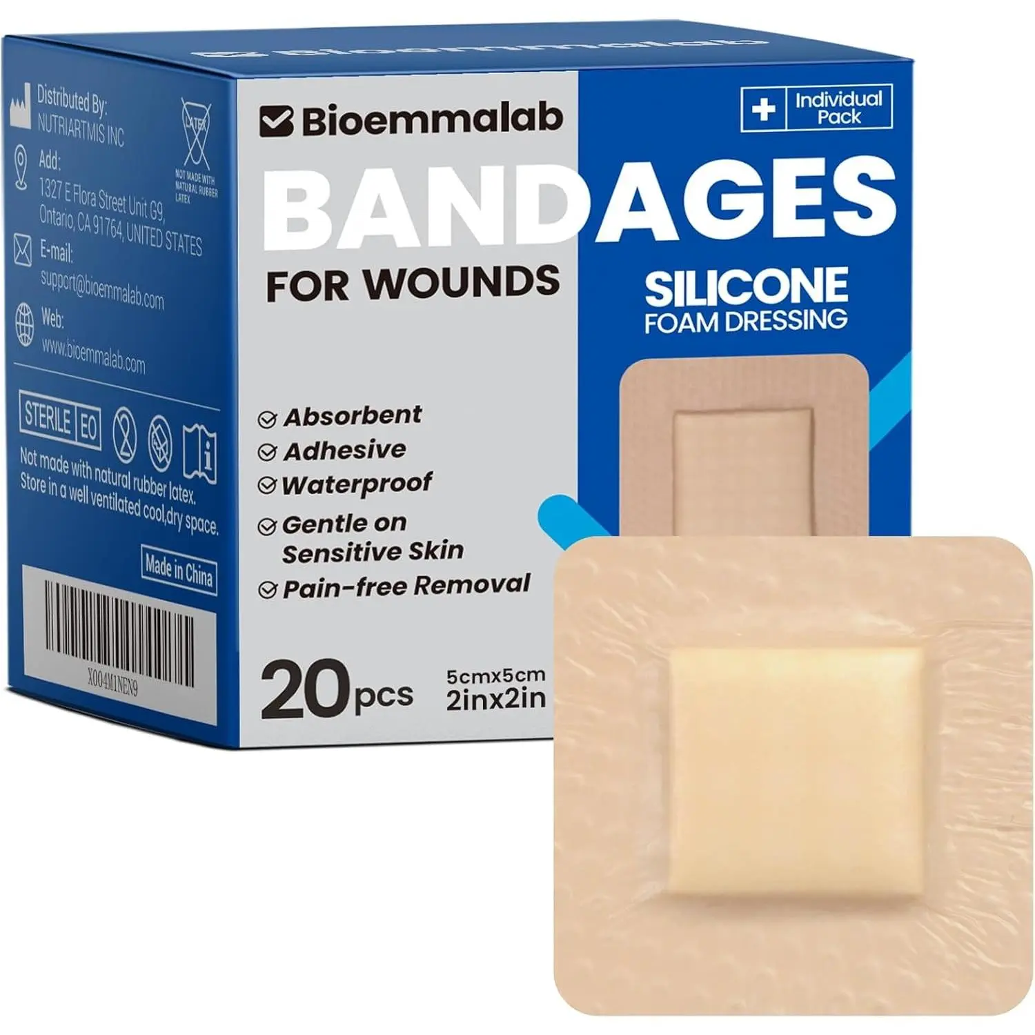 Large Waterproof Square Shape Bandage Pack - 2x2 Silicone Foam Dressing with Border Edge for Sensitive Skin, Cohesive Hold Adhesive Pad for First Aid, Post Surgical Care (20 PCS)