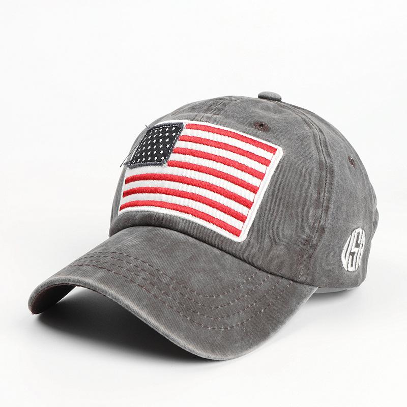 Baseball cap with American flag, pure cotton, letter embroidery, washed and distressed, curved brim, trendy new product