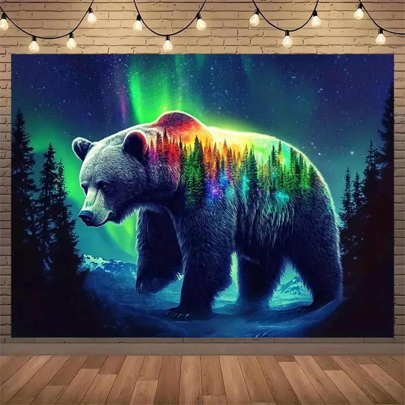 Northern Lights Bear Forest Polyester Tapestry Home Wall Decor