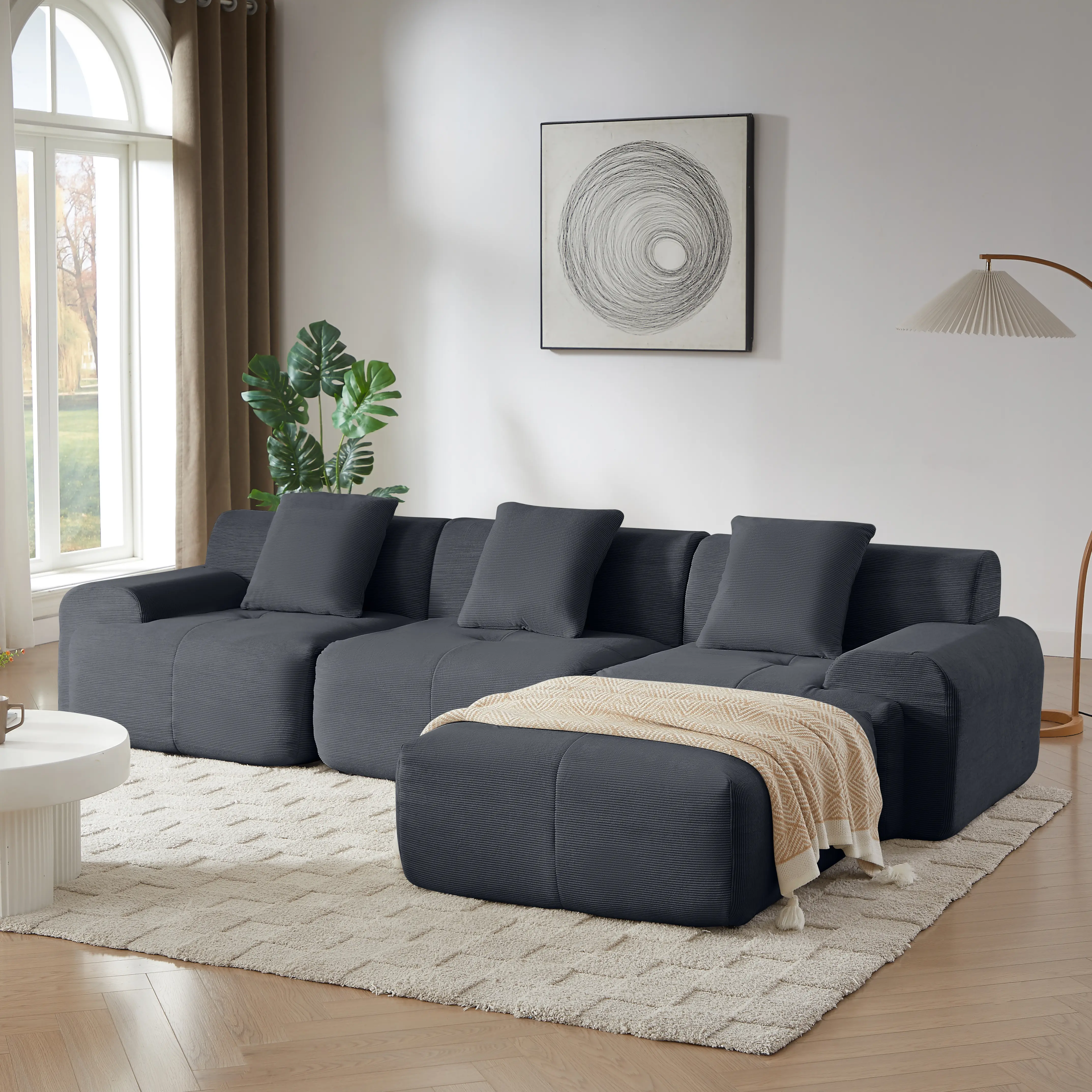Modern 113" Wide Dark Gray Corduroy ARCH L-Shaped Modular Sectional Sofa with Cushion, Oversized 3-Seater Deep Seat Sectional Couch, Moveable Ottoman, No Assembly Required, Large Family Indoor Living Room Furniture for Apartment Lounge