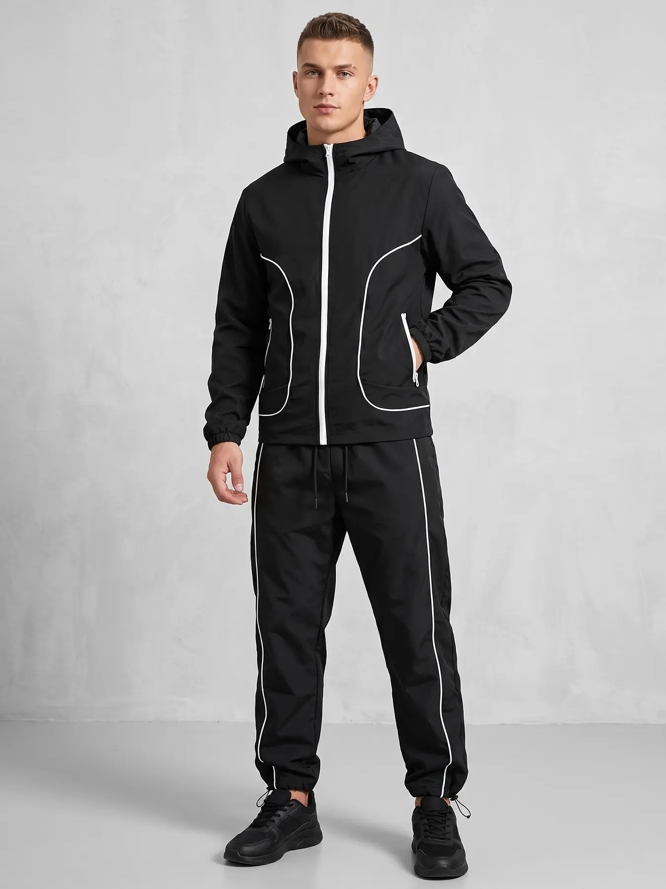 Men's 2 Piece Sweatsuit Set with Contrast Binding, Lightweight Windproof Casual Training Running Tracksuit, Hooded Full Zip Windbreaker Jacket with Zipper Side Pocket, Quick Dry Athletic Sweatpants with Adjustable Drawstring Ankle Cuffs