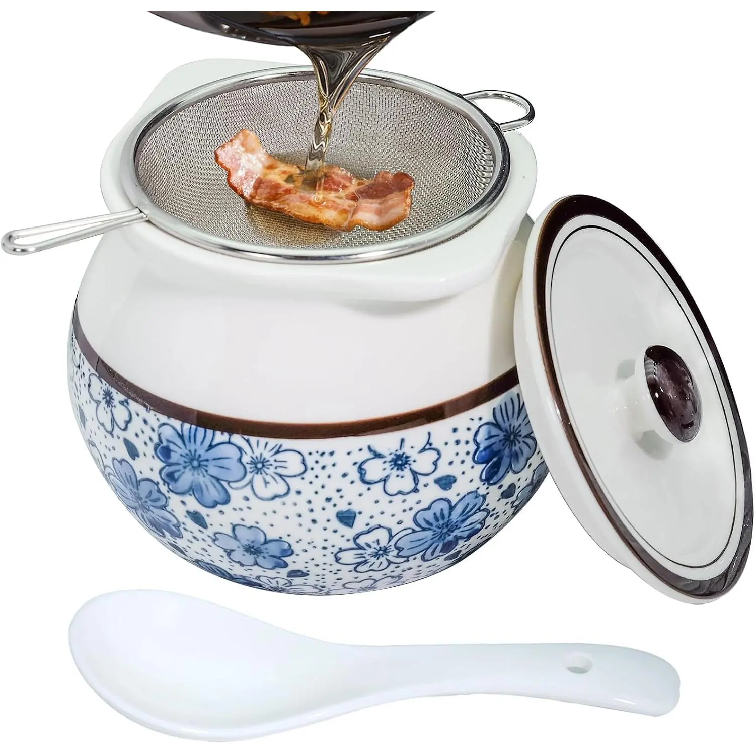 24oz Bacon  Saver with Handle and Strainer, Ceramic Kitchen Oil Disposal Container, Dust-proof Cooking  Storage  Holder, Elegant White Can and Blue , Spoon Included