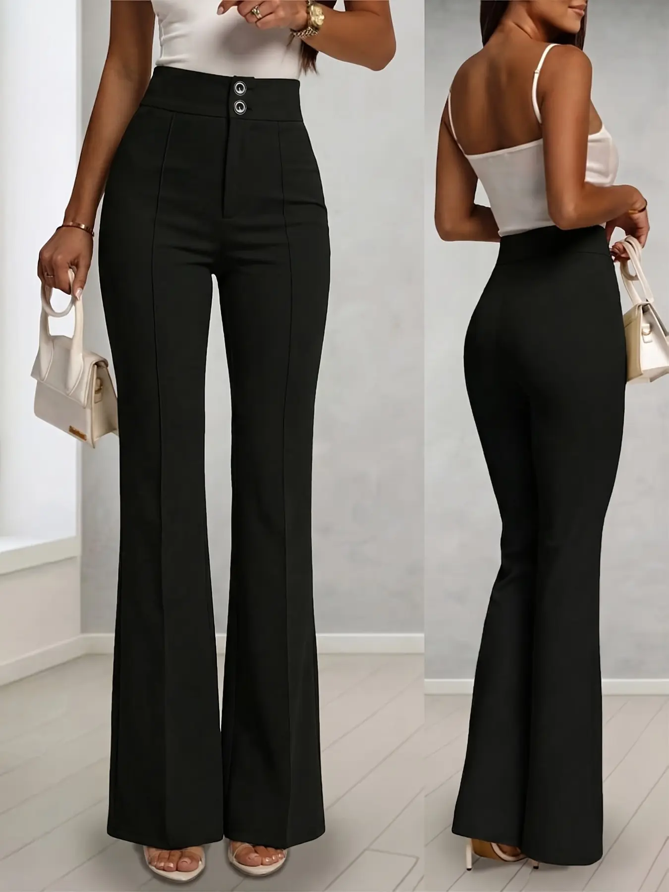 Women's Elegant Solid Color Tie Waist Flare Pants, High Waist Slim Fit Bootcut Trousers, Office Work and Daily Wear