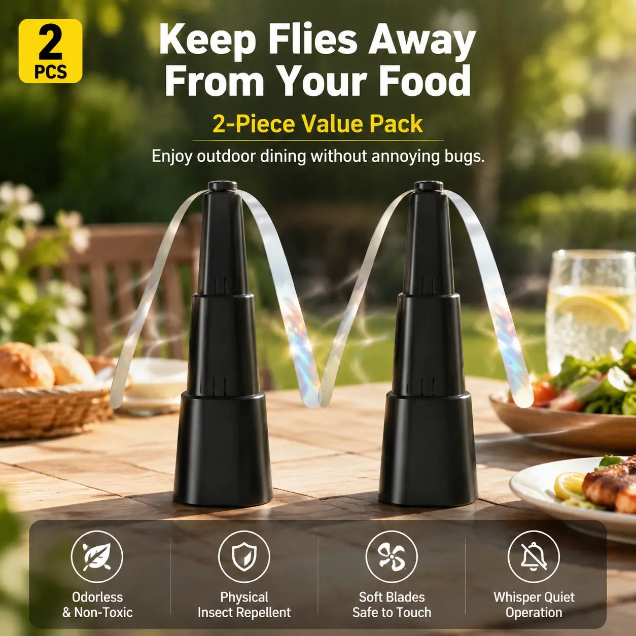 2-Pack Physical Fly Zapper Fans, Odorless Non-Toxic Soft Blades, Low Noise Operation, Outdoor Table Food Pest Repeller