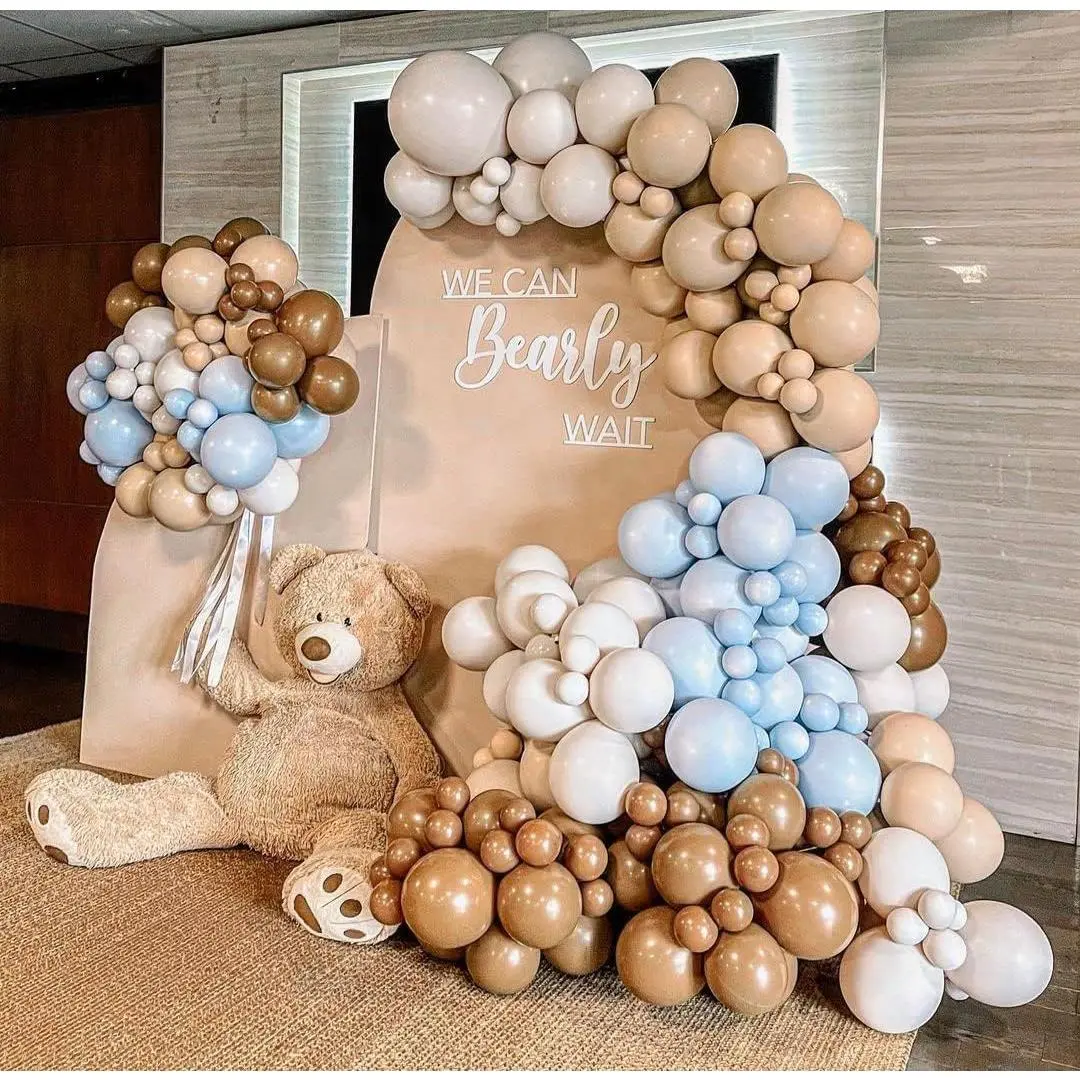 Latex Multi-Size Round Double-Stuffed Balloon Garland Kit - Dusty Blue, Coffee, Nude Balloon Decor for Teddy Bear Baby Shower, Boy Birthday Boho Theme Party Supplies, 122 Pcs, Decoration