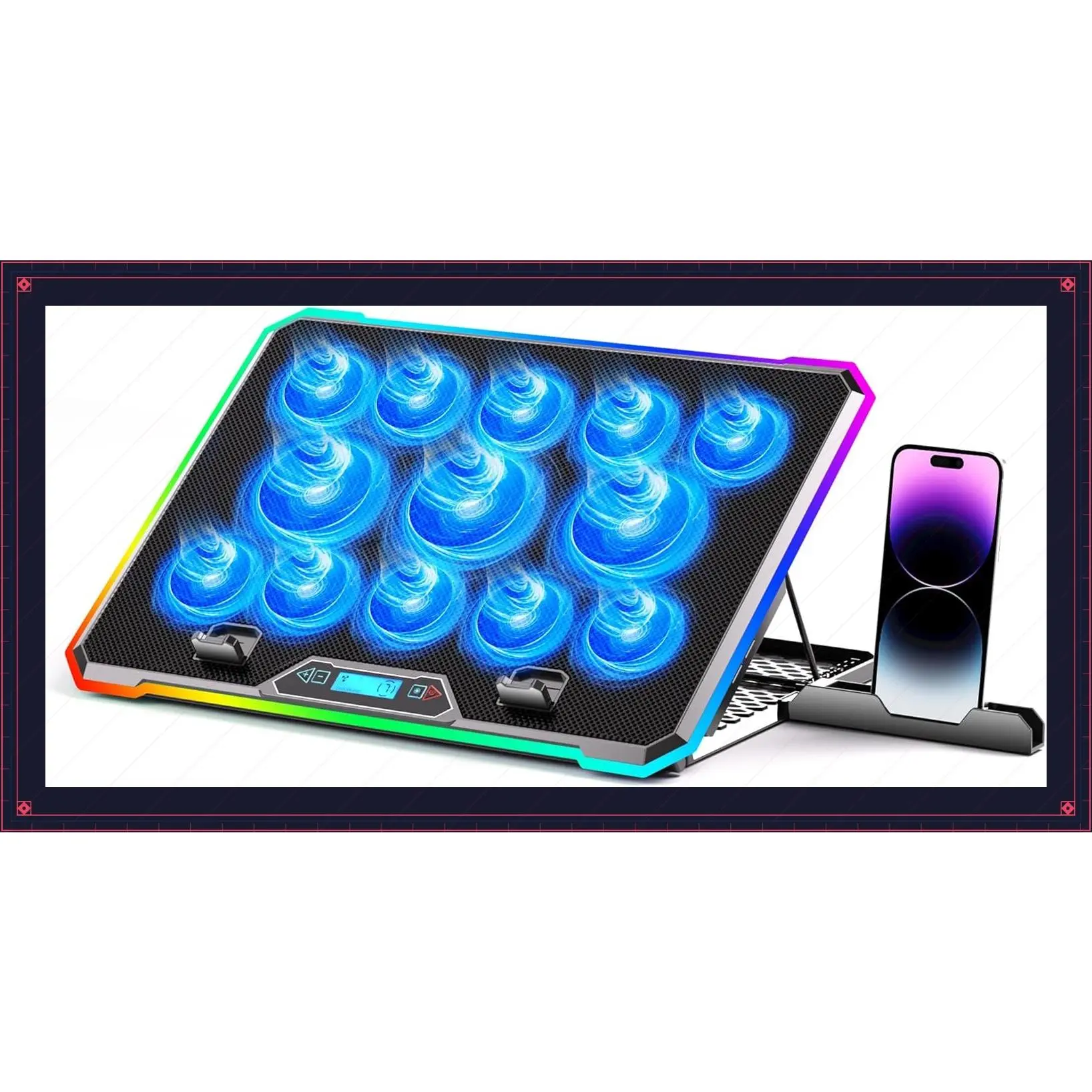 Gaming Laptop Cooler with 13 Ultra Quiet Fans, RGB Multi Color LCD Screen, 10 Lighting Modes, 9 Adjustable Heights, Dual USB Ports, Phone Holder for 15-21 Inch Laptops on Desk or LapGift