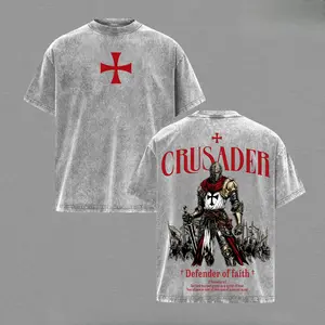 Crusader Defender of Faith Vintage Washed Oversized T-Shirt, 2 Timothy 1:7 Scripture Knight Graphic Tee, Heavy Cotton Medieval Christian Streetwear Top, Unisex Dark Gothic Warrior Shirt