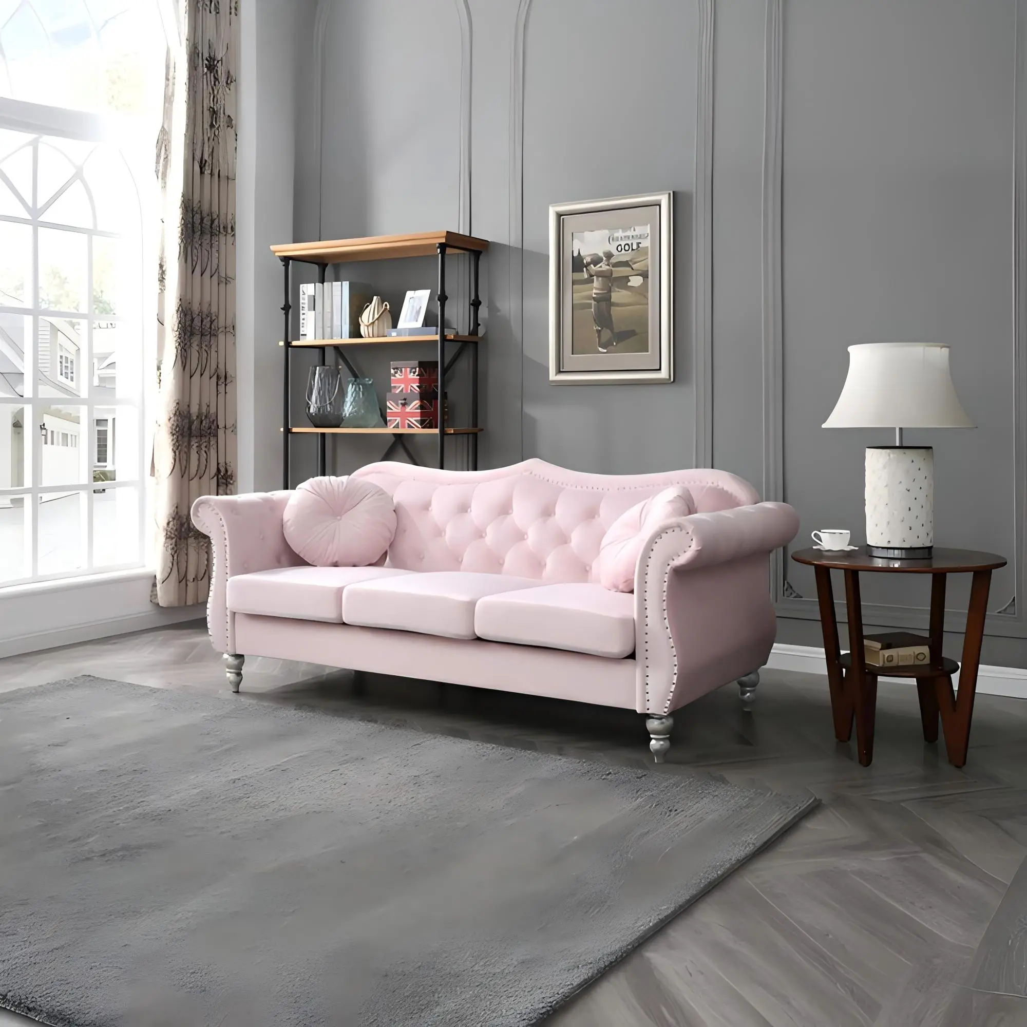 Nokaa 3-Seat Velvet Sofa for Living Room, Modern Pink Couch with Tufted Back and Nailhead Trim, Upholstered Sofa for Apartment, Home Theater, Lounge, Multiple Options