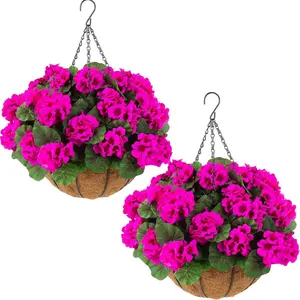 2 Sets Hanging Baskets with 24Pcs Red Geraniums - UV Resistant Faux Flowers for Summer to Fall Porch, Garden & Thanksgiving Patio Decor, No Watering, Fade Proof, All-Weather