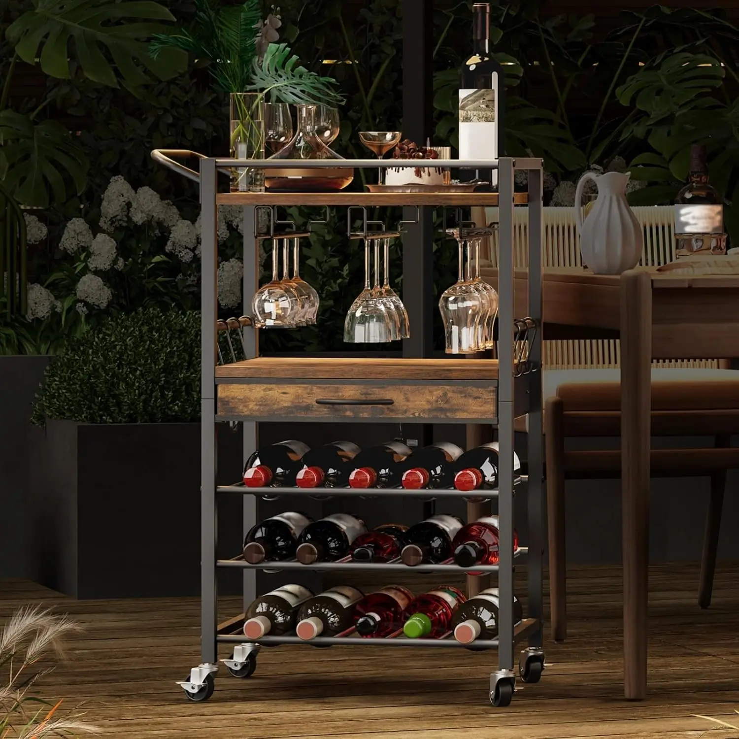 3-Tier Bar Cart with Drawer, Home Bar Serving Cart with Glass Holder and Handle, Rolling Mini Liquor Bar for Wine Beverage Dinner Party, Drink Cart for Home Kitchen Bars, Rustic Brown 8001TCBF