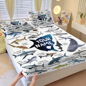 3PCS White Base Custom Name Shark Species Chart Fitted Sheet Set (1 Fitted Sheet + 2 Pillowcases),Soft Breathable Fabric,HD Digital Printing,Ocean Animal All Season Bedding,Marine Themed Bedroom Vibes