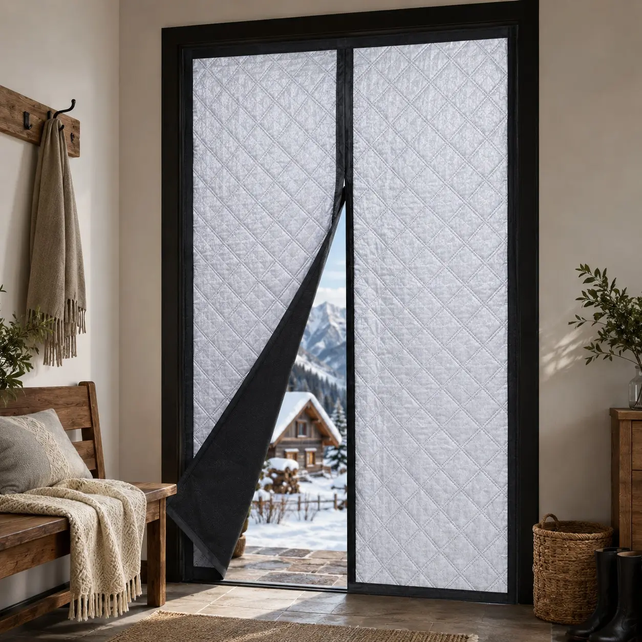 Winter Insulated Magnetic Door Curtain, Thick Quilted Windproof Door Curtain, Automatic Closure, Indoor Warmth Retention