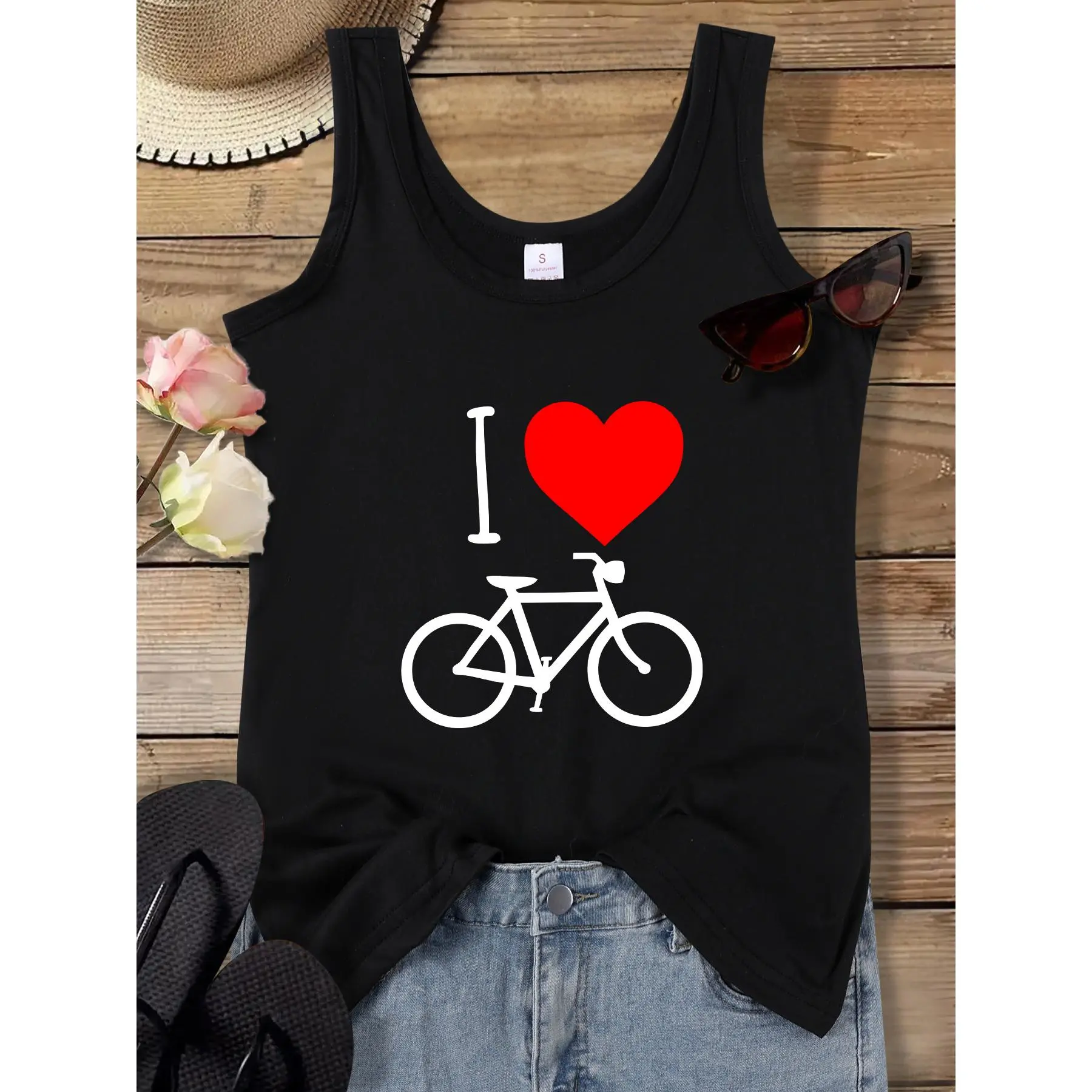 Women's 'I Love Cycling' Graphic Print Vest, Casual Crew Neck Sleeveless Knit Top in a Breathable Polyester Elastane Fabric, Tops, Letters