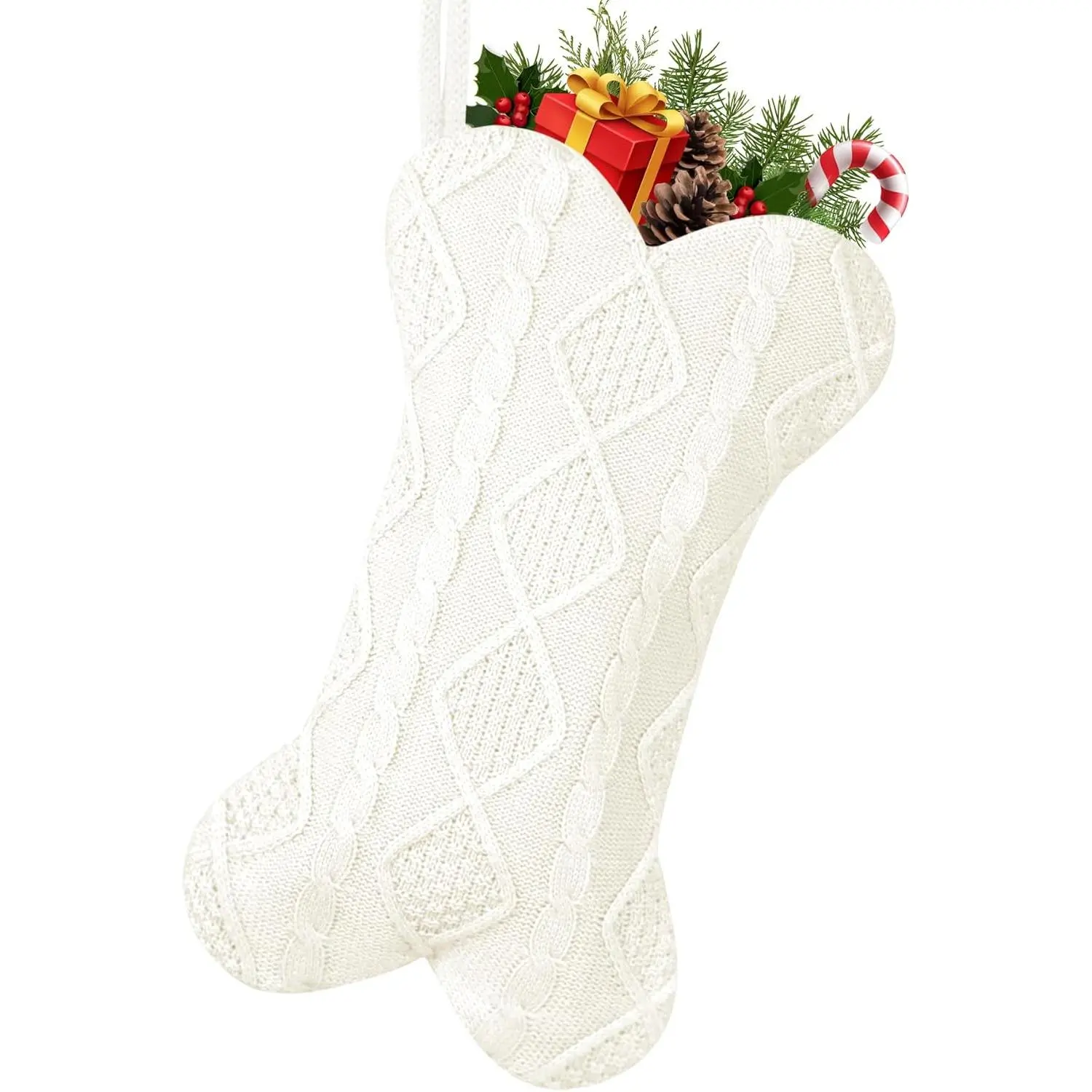 18 Inch Large Double Side Knitted Dog Christmas Stocking, Bone Shaped Hanging Stocking for Dogs Pets (White)