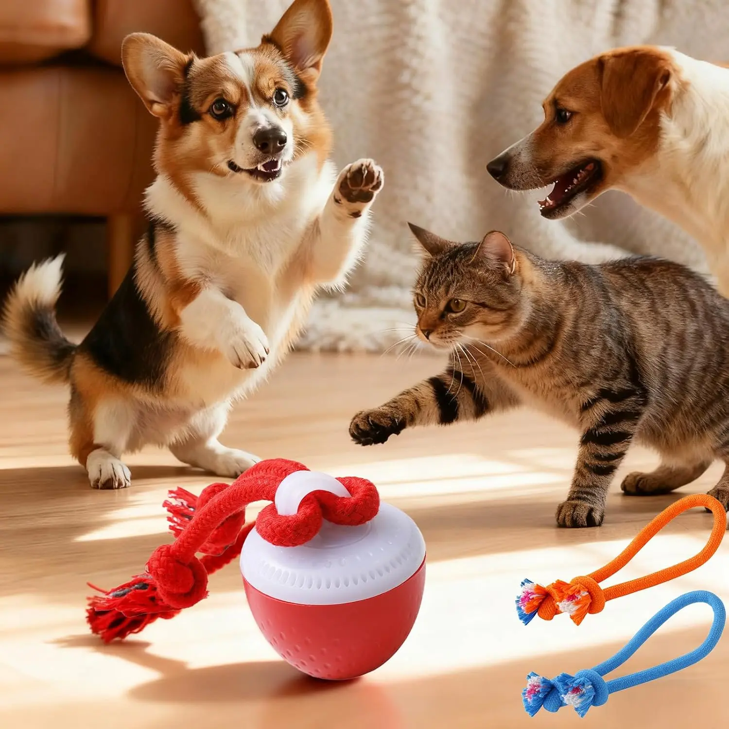 Interactive Dog Toys, Interactive Dog Ball with Birdsong Squeaky Chewable Rope  Small/Medium/Large Dogs,Automatic Moving Dogs Toy Wicked Ball  Boredom & Training,Dog Toys to Keep them Busy (Red)