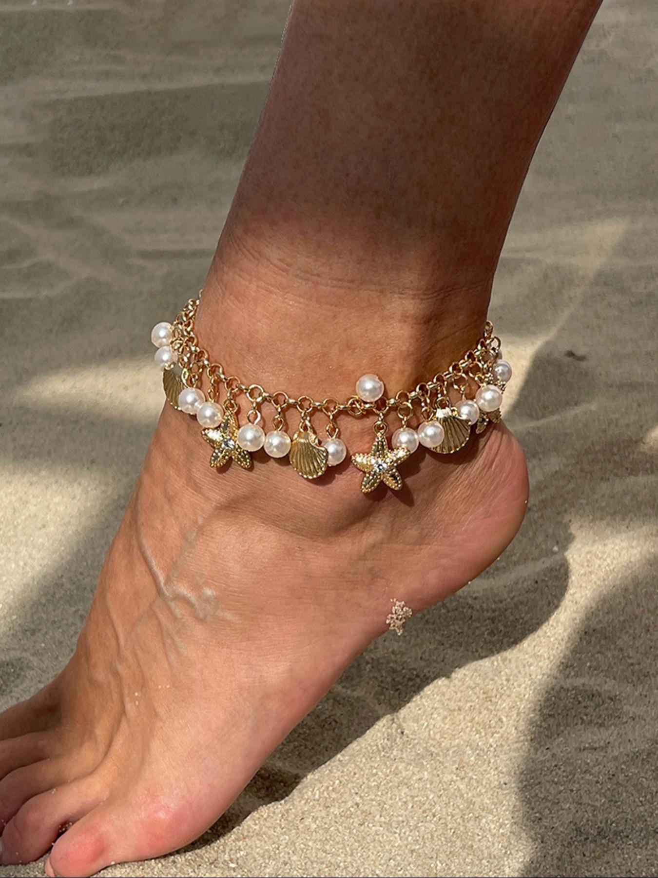 Women's Summer Beach Vacation Heart Design Anklet, Fashionable Simple Star Beaded Ankle Bracelet, Multi-Layer Pearl Chain Jewelry