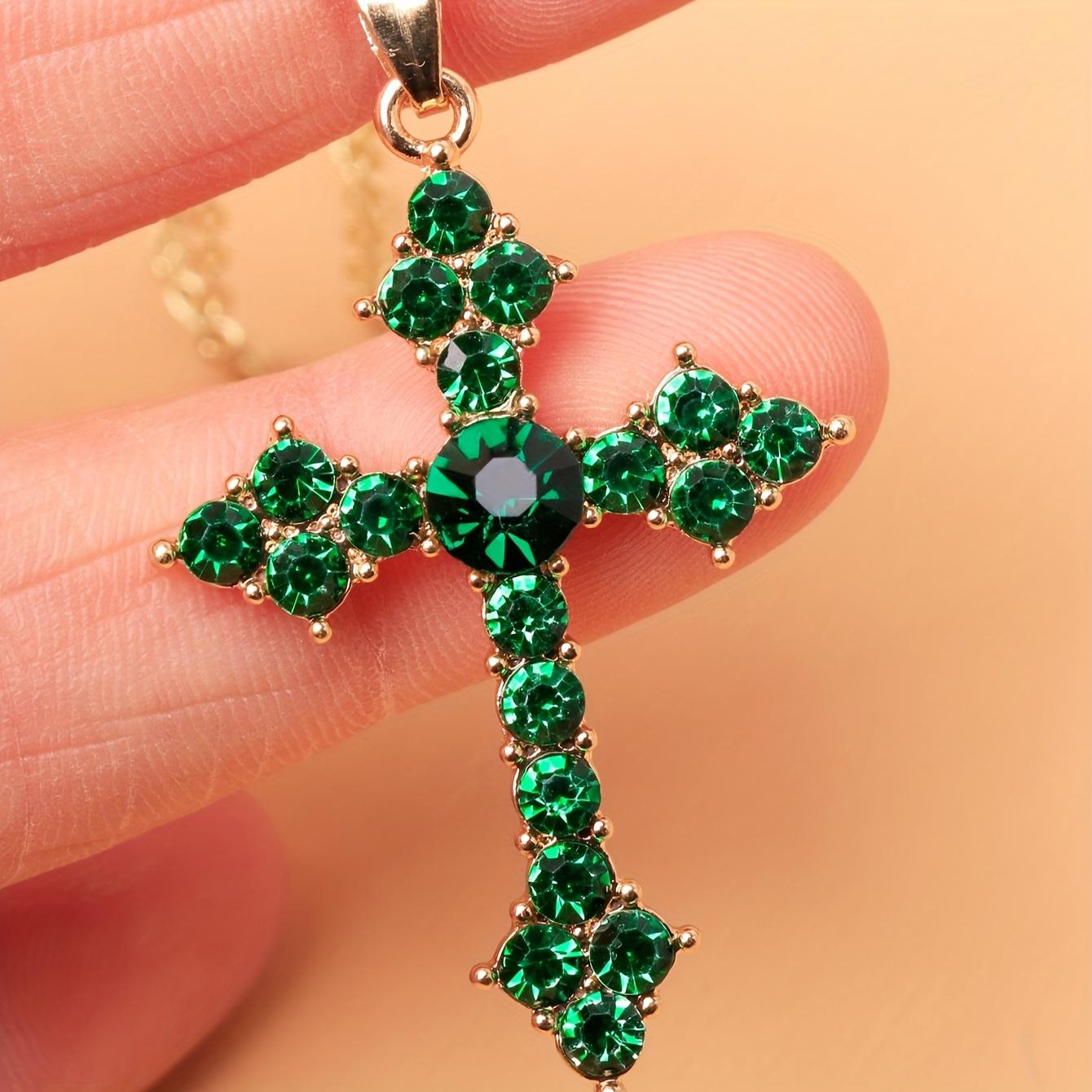 Women's Fashionable Green Cross Pendant Necklace, available in four colors to choose from