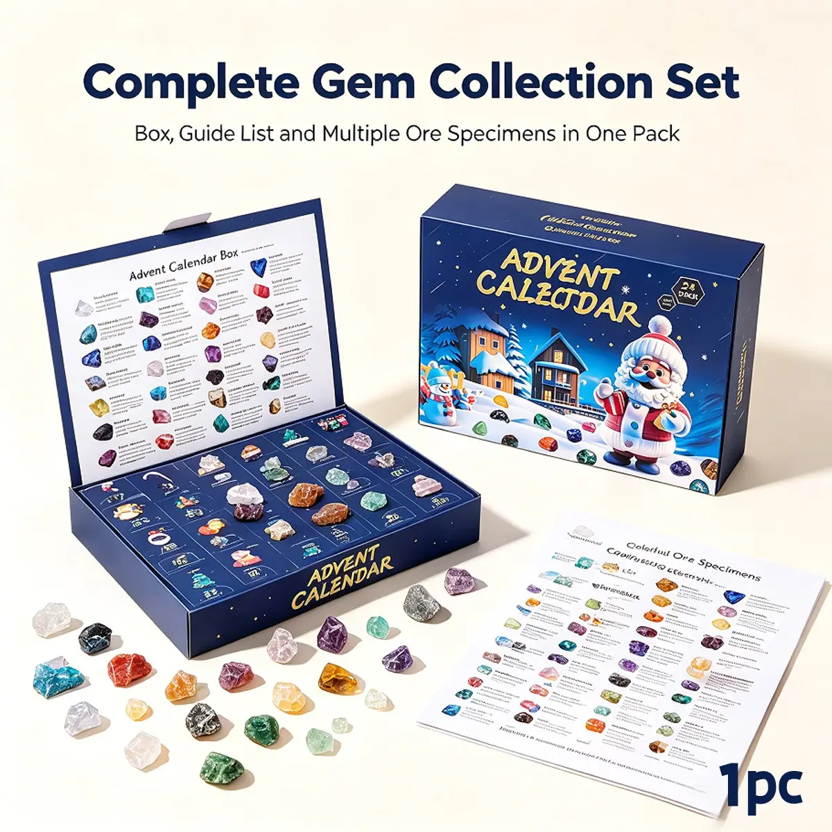 24-Day Christmas Countdown Advent Calendar, 24 Natural Raw Crystal Gemstones, DIY Educational Science Kit, Christmas Holiday Gift Set