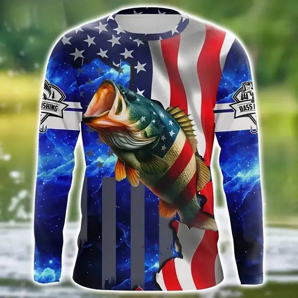 Bass Fishing American Flag 3D Long Sleeve Shirt, Classic USA Fisherman Apparel, Great Outdoor Fishing Gift For Men Anglers