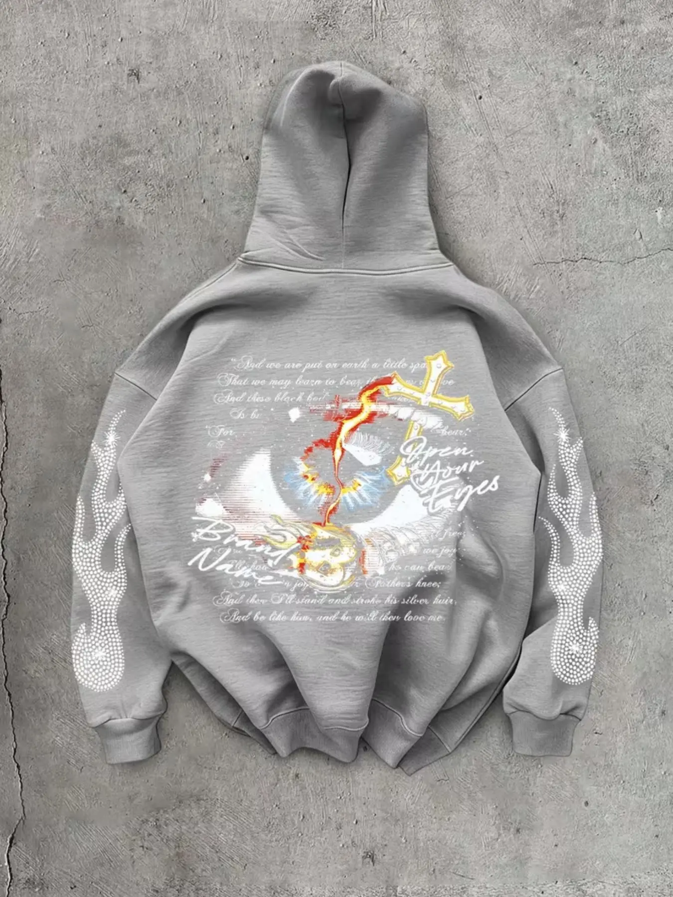 American Y2K Flame Eye Cross Retro Print Hoodie, Loose Fit Drop Shoulder Kangaroo Pocket Drawstring Sweatshirt, Men's Fall Winter Casual Top