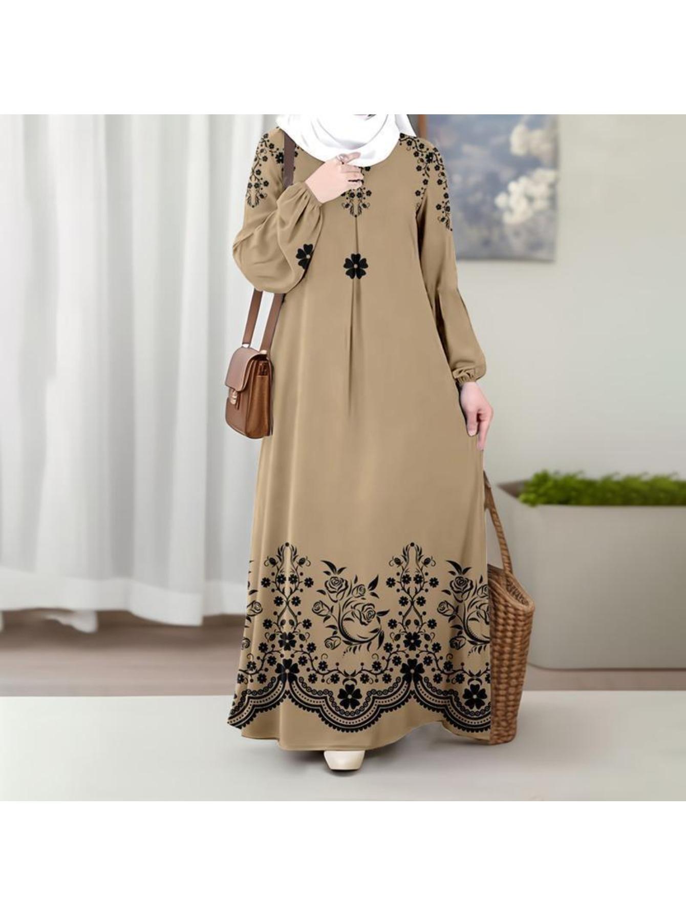 Women's Beige Embroidered Maxi Dress Long Sleeve Modest Muslim Casual Summer Vacation Outfit