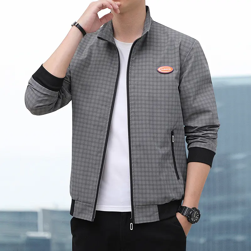 Men's stand up collar checkered zipper jacket, dark checkered pattern, small oval fashion patch on chest, zipper side pocket, ribbed cuffs and hem, slim fit lightweight windproof jacket, retro business casual jacket, multifunctional street outer layer for