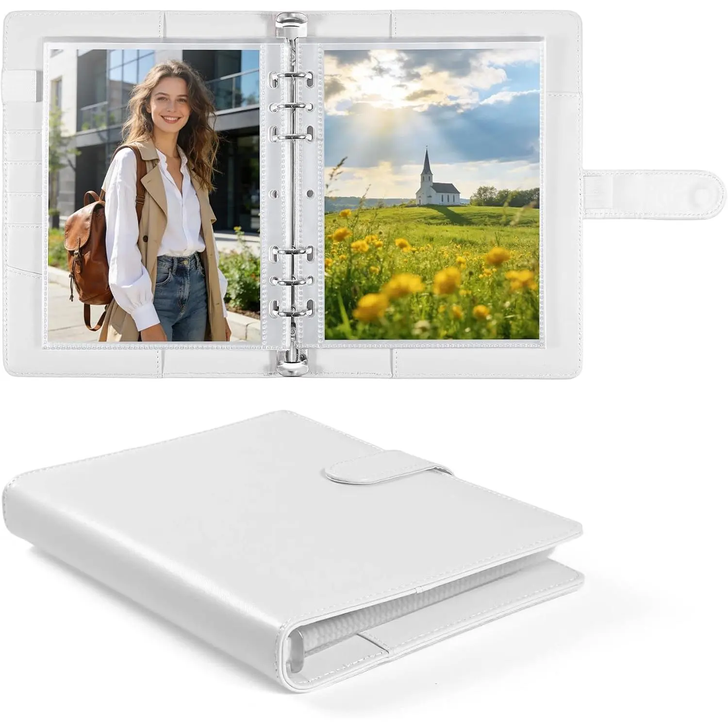 A5 PU Leather Photo Album, 6 Adjustable Ring Binder with 60 5x7 in Top-Loading Double-Sided Sleeves for Personal Memory Keeping & Storage, White