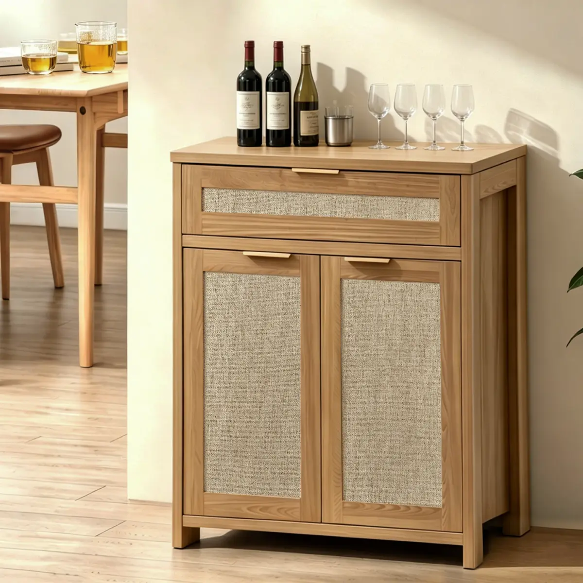 [Bellemave] Rattan Sideboard Buffet Cabinet, Farmhouse Storage Cabinet with Adjustable Shelf, Boho Kitchen Buffet Cabinet with Drawer for Dining, Kitchen, Entryway, Living Room