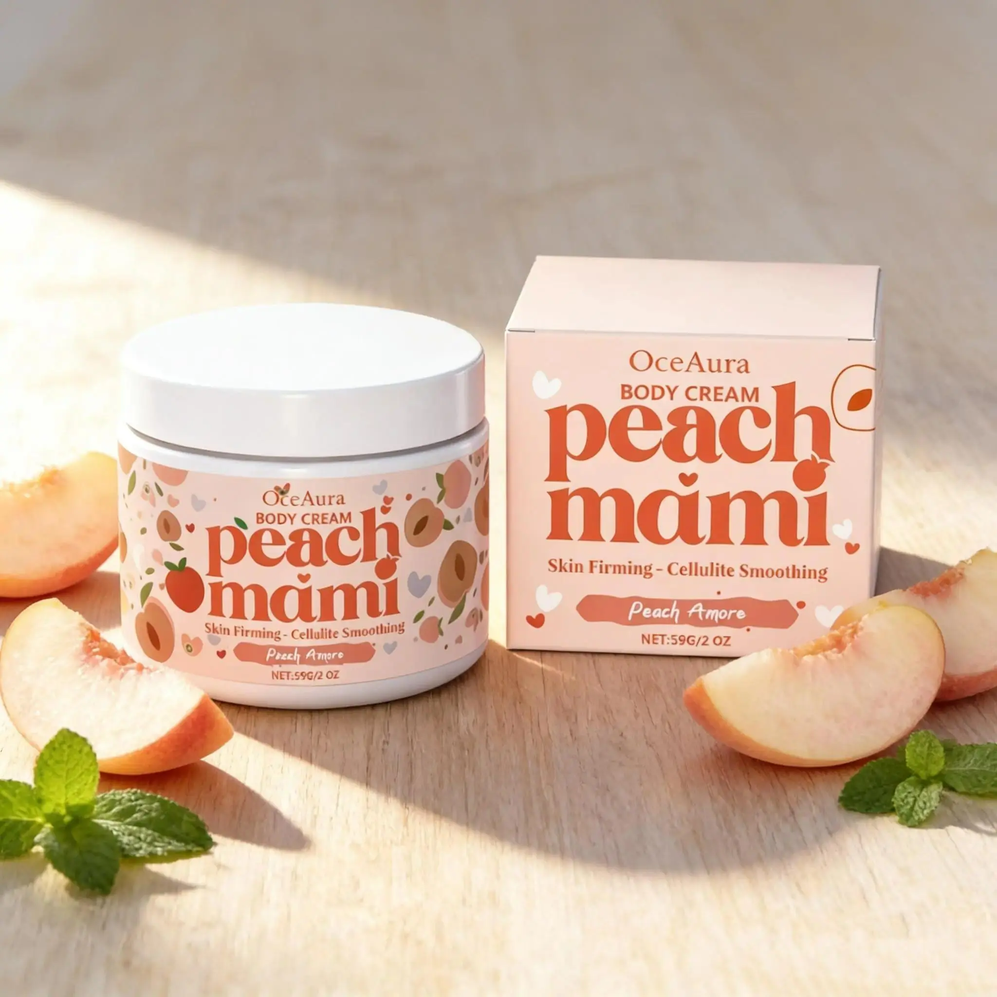 Peach Mami Firming Body Cream, Caffeine & Hyaluronic Acid, Smooth Glowing Skin, Moisture-Rich Formula, Daily Use, Body Care, Moisturizing