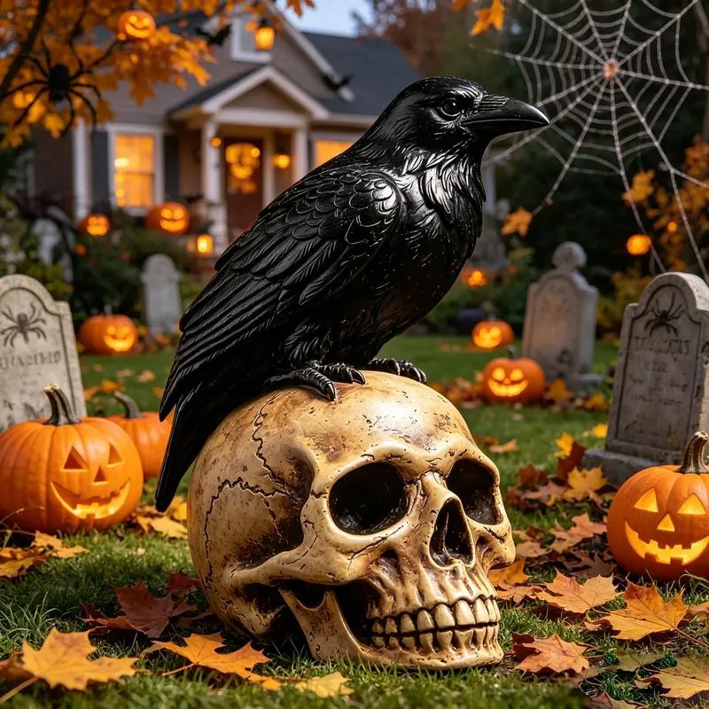 Outdoor decorative resin sculpture of a crow skull for courtyard and balcony Halloween decoration