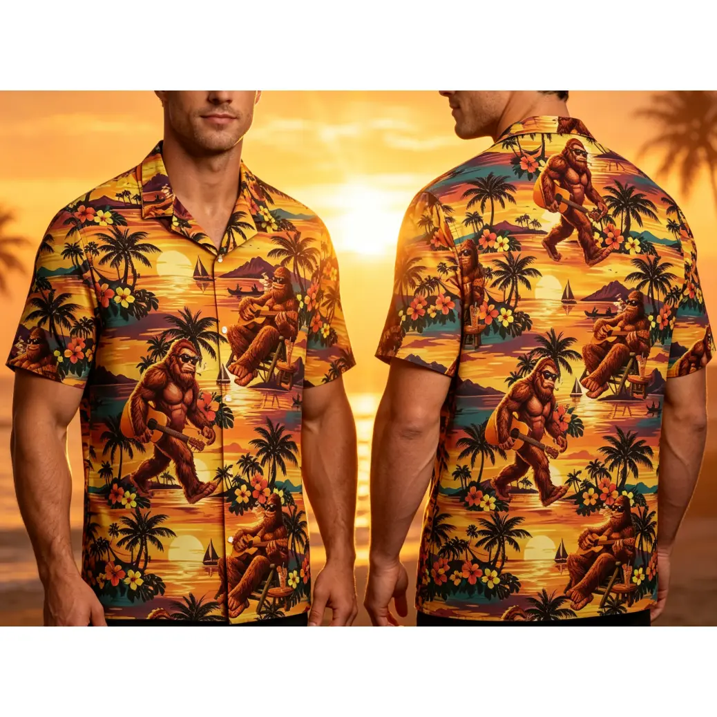 Hawaiian Shirt for Men Women Youth, Funny Sasquatch Guitar Tropical Aloha Shirt, Sunset Beach Summer Vacation Button Down Shirt #   TikTokMadeMeBuyIt #   TikTokShop #   Summer Shirt # Vacation Shirt