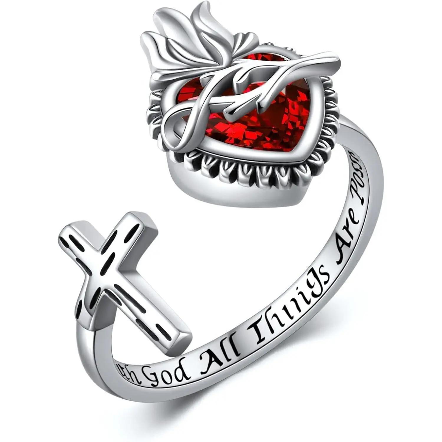 925 Sterling Silver Sacred Heart of Jesus Ring for Women, Adjustable Christian Devotional Jewelry with Heart Cross, Hypoallergenic Faith Gift, Women's Fashion, Cross Accent, Flame Motif, Religious, Gifts, All Seasons