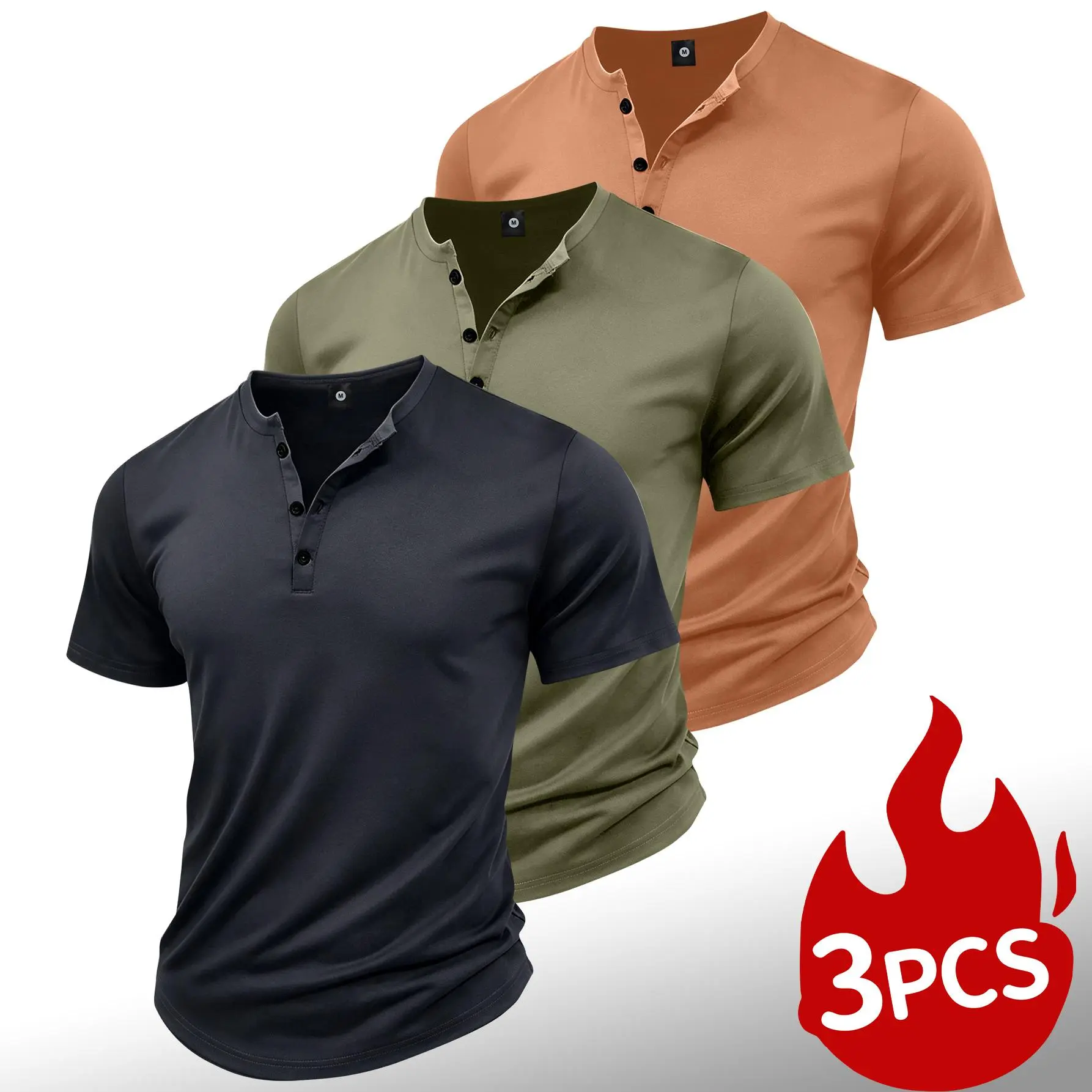 Men's Summer Short-Sleeve Button-Up Henley T-Shirt (1-Pack/3-Packs) - Stylish Menswear Casual Paneled Top, Ideal for Beach Vacations, Gym Workouts, Going Out, Great Gift Option