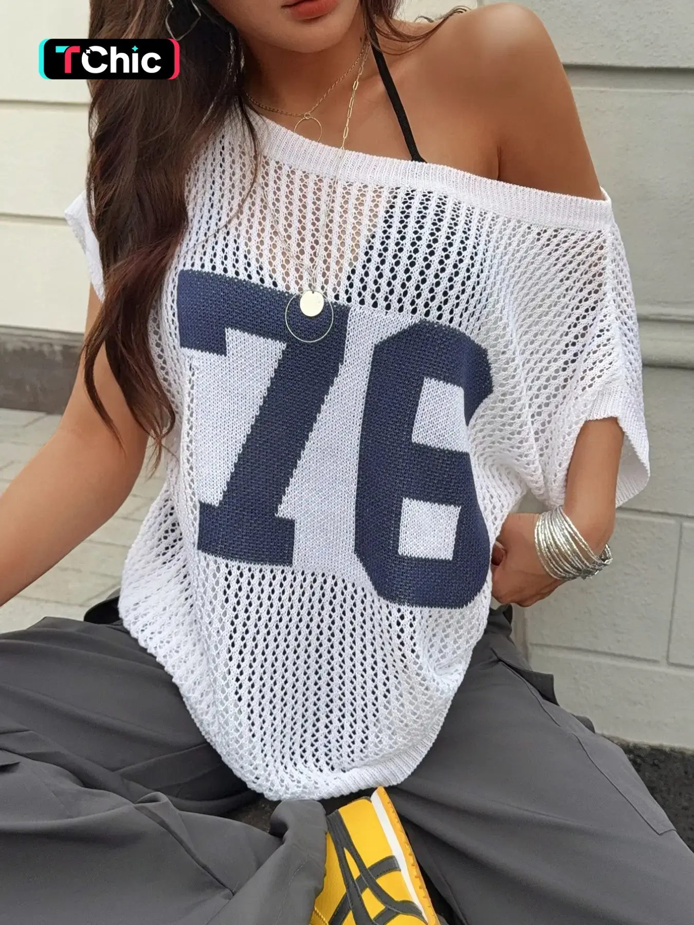 Summer Ice Silk Hollow Out Asymmetrical Shoulder Digital Print Sexy Pullover, Fashion Casual Loose Fit Breathable Drop Shoulder Knit Top for Women, Knit Pullover Tops, Graphic Pullover, Knitwear, Womenswear