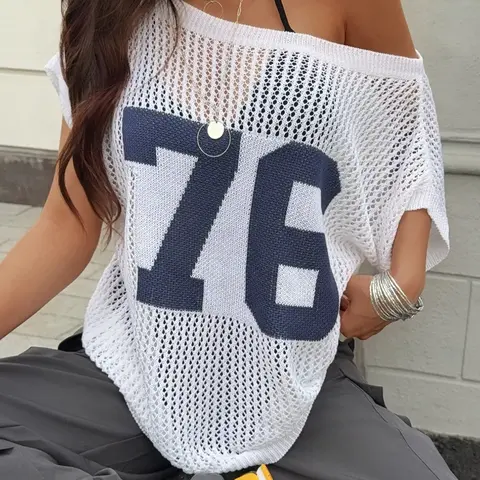 Summer Hollow Out Asymmetrical Shoulder Digital Print Sexy Pullover, Fashion Casual Loose Fit Breathable Drop Shoulder Knit Top for Women, Knit Pullover Tops, Graphic Pullover, Knitwear, Womenswear