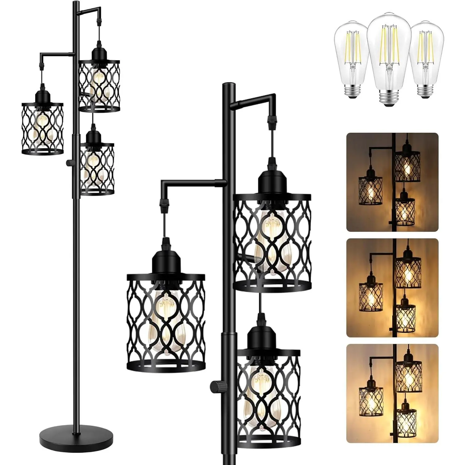 Dimmable Farmhouse Floor Lamp, Industrial Floor Lamp for Living Room with 3 X 6W LED Bulbs, 3 Light Rustic Standing Tall Lamp for Bedroom, Office, 68"