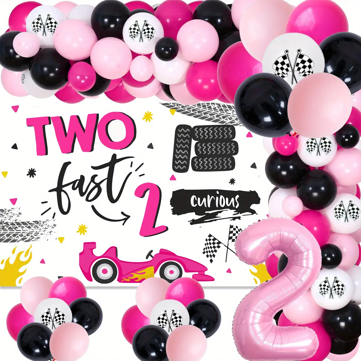 1Set Two Fast 2 Curious Birthday Decorations for Girls Pink Racing Car 2anniversary Birthday Decor with Two Fast Two Curious Backdrop Hot Pink Black Balloon Garland Arch Kit for Racing Sceond Bday Party Supplies