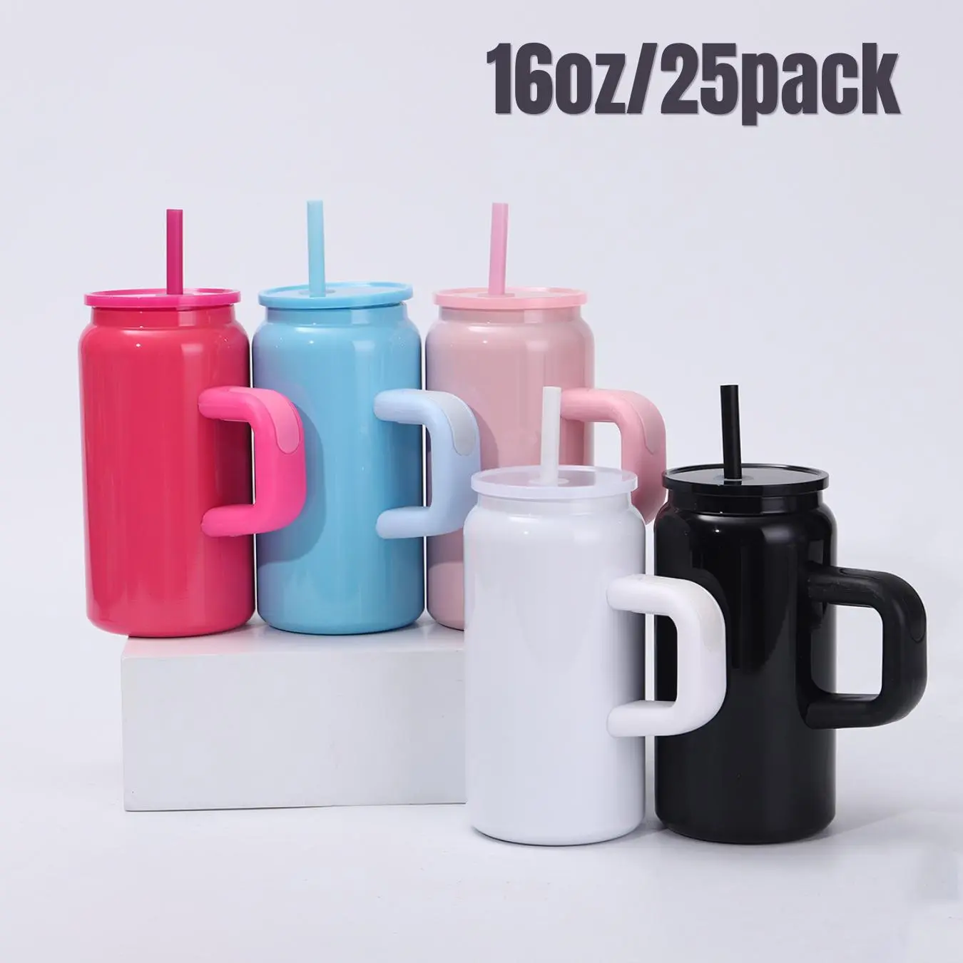 Crafix 25pcs 16oz Sublimation Macaron Soda Can with Handle ,304 Stainless Steel Vacuum Insulated Tumbler - USA Warehouse Wholesale, Drinkware with Lid, Straw,