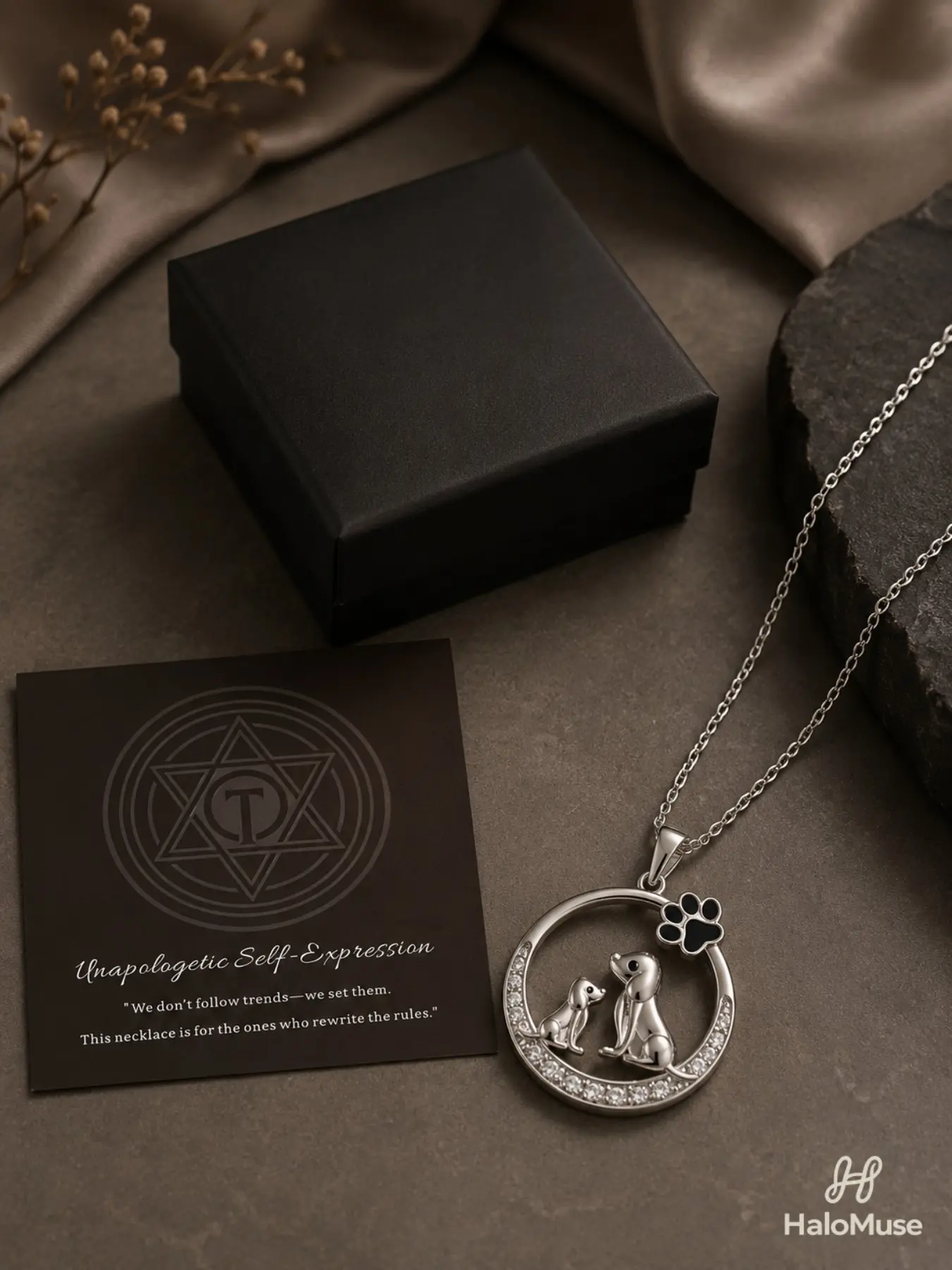 Halo Muse 1 Set Dog Mom & Puppy Paw Print Pendant Necklace Gift Set, Silver-Tone Circle Pendant with Sparkling Stone Accents, Gift Box & Card for Pet Lovers, Birthday, Mother's Day, Anniversary
