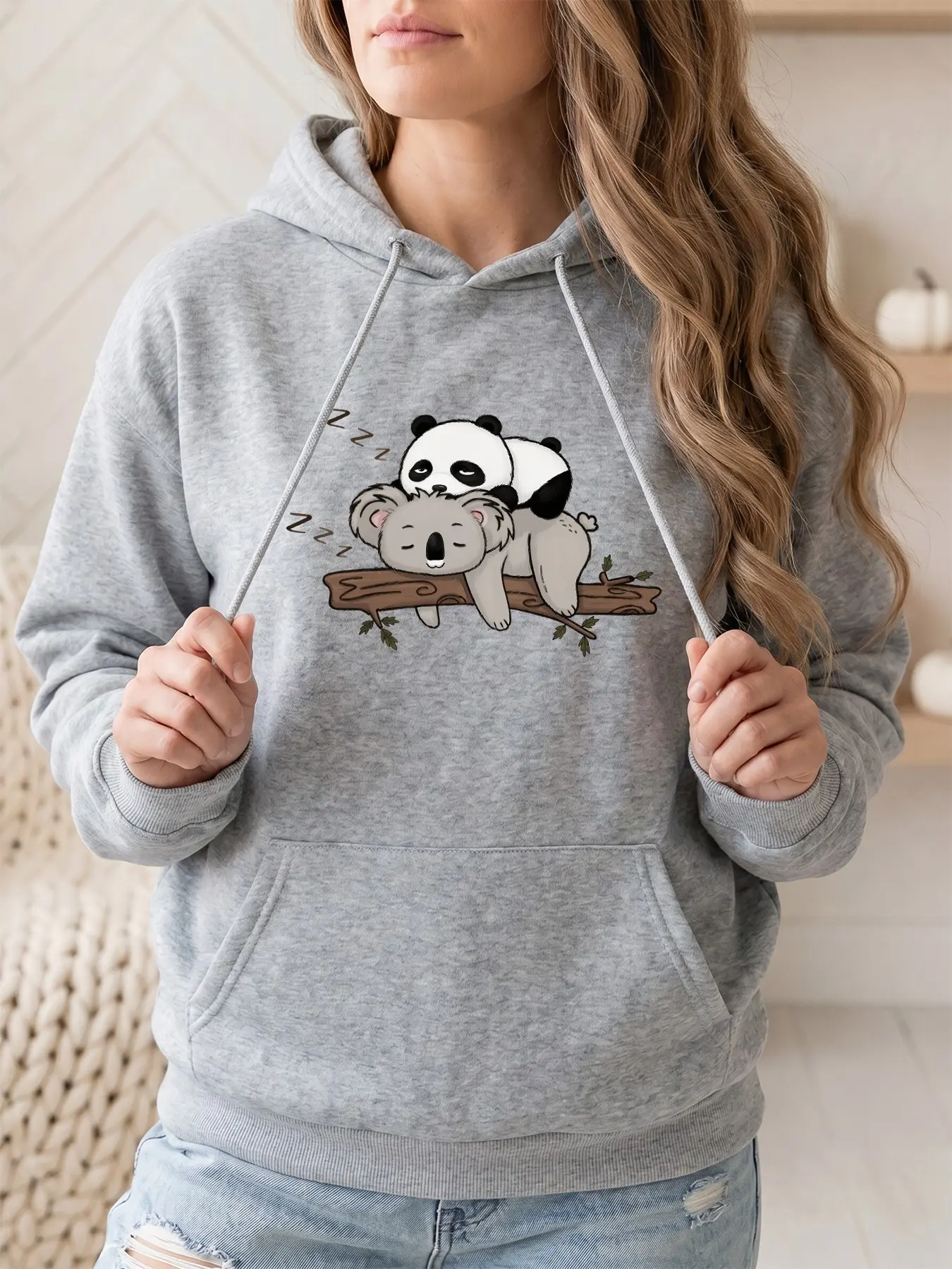 Women's Hooded Sweatshirt with Cute Panda and Sloth Print, Kangaroo Pocket Long Sleeve, Fall & Winter Casual Fashion