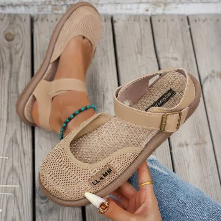 Women's Cute Mesh Closed-Toe Slingback Sandals - Rubber, Adjustable Buckle, Lightweight Flat Shoes for Wide & Plump Feet, All Seasons Casual Walking with Cartoon Figure Accents