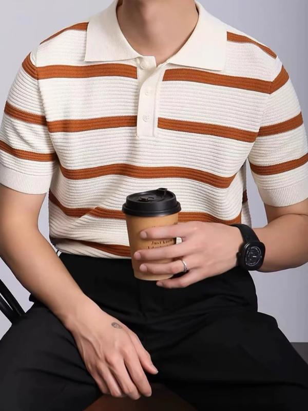 Kyn Apparel 2026 Summer Daily Casual Mens Slim Polo Shirt Knitted Striped Crochet Polo Shirts Men Vintage Buttoned Polo Neck Knitting Polos