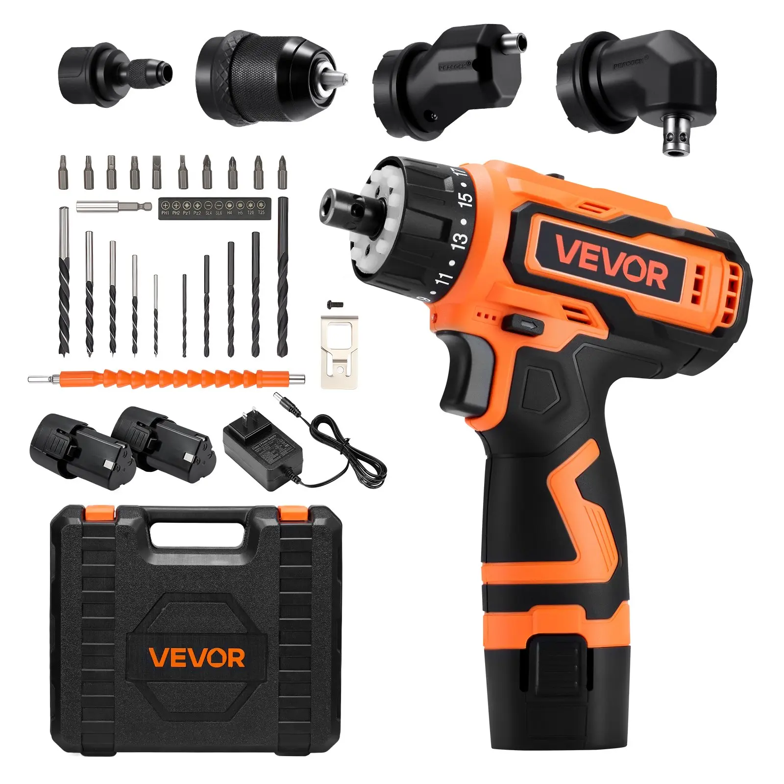 VEVOR Compact Cordless Handheld Drill Driver Kit - 5-In-1 Metal Chuck, Dual-Speed Var. RPM, Variable Torque, 2 Lithium Batteries, Charger, Tool Box, Ergonomic Grip, for DIY Users, Wood/Metal Drilling, Screw Tightening/Loosening