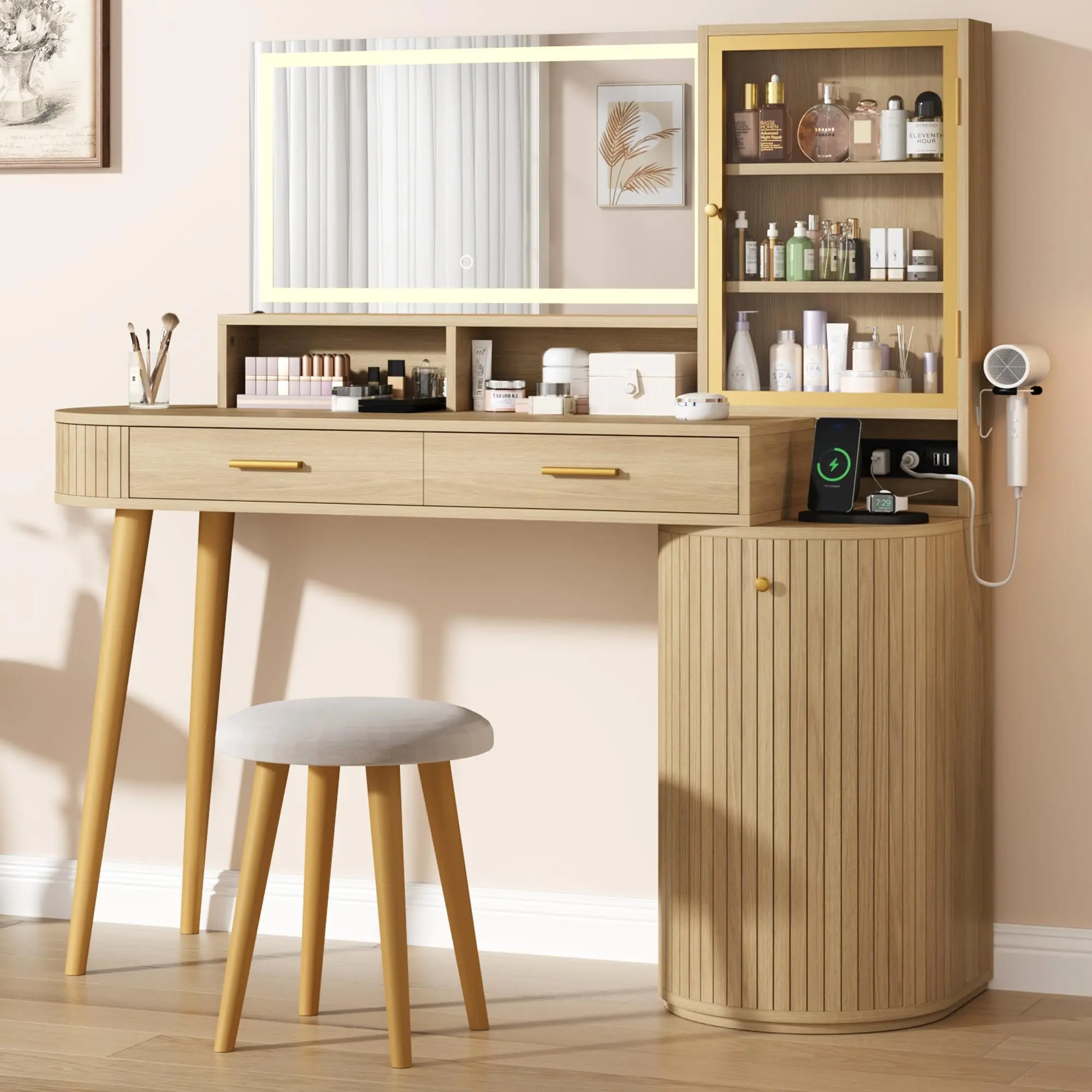 💄 Garvee Vanity Desk with Lighted Mirror & Charging Station – 47.2" Makeup Table with Stool, Glass Door Cabinet & Adjustable Shelf for Bedroom! ✨
