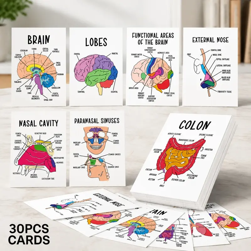 30Pcs Anatomy Flashcards Set, Featuring Detailed Human Organ Illustrations and Clear Labels. Ideal for anatomy learning, medical study, biology review and quick reference anytime.