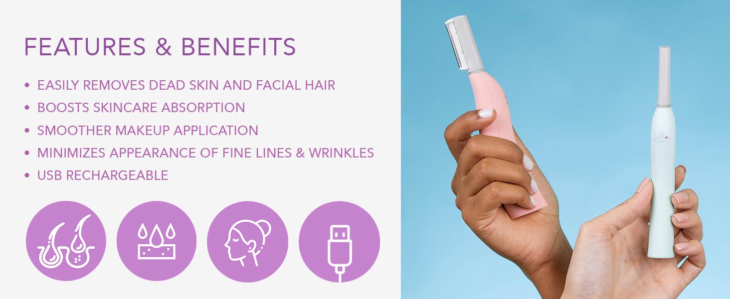 Patented Dermaplane Razor for Women Face – Painless 2-in-1 Facial Exfoliation & Peach Fuzz Hair Removal – Anti-Aging – 3 Speeds – Rechargeable – 19 Weeks Treatment